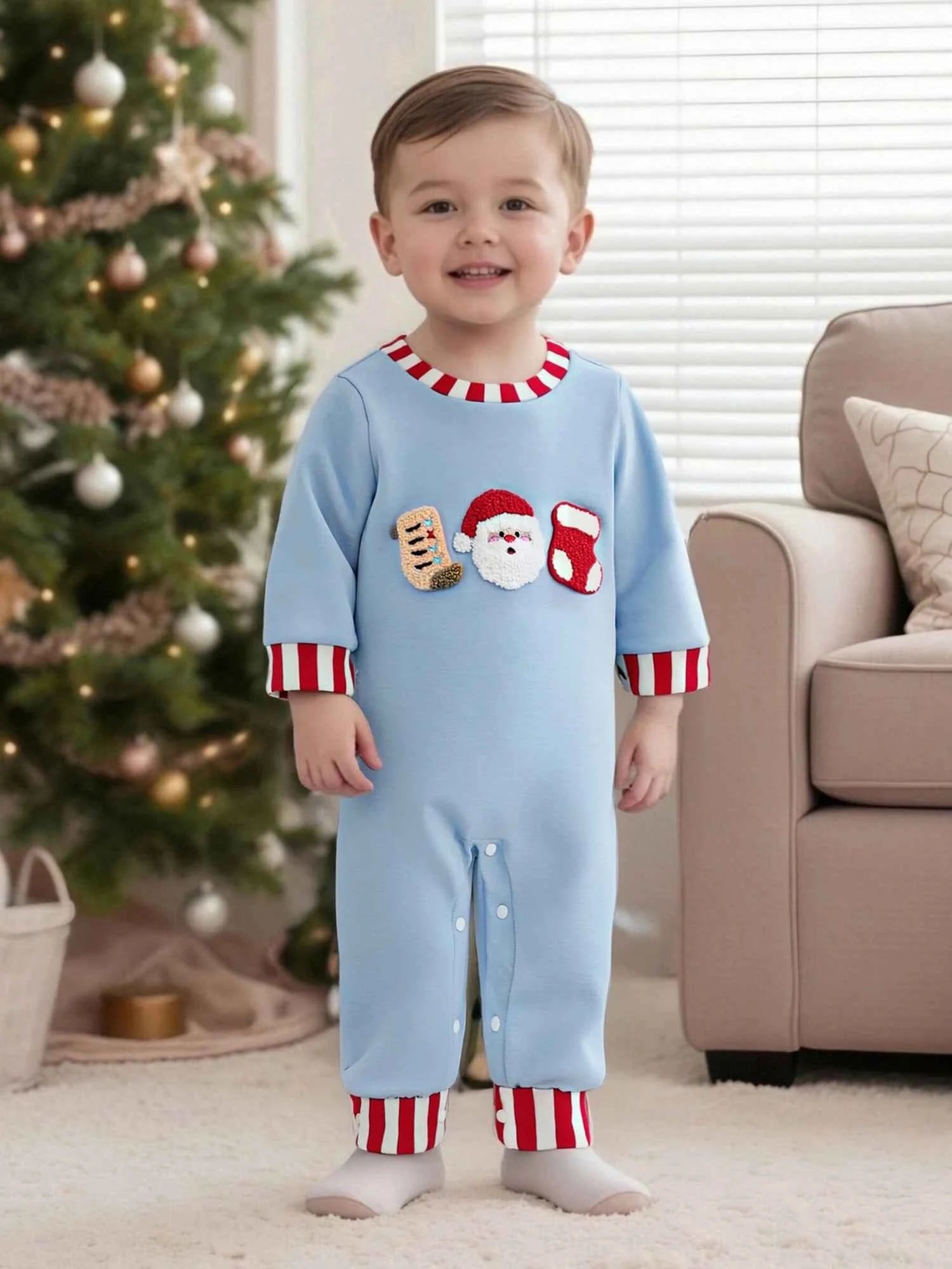 Baby Christmas Romper – Santa Embroidery Striped Long Sleeve Crew Neck Full-Length Jumpsuit