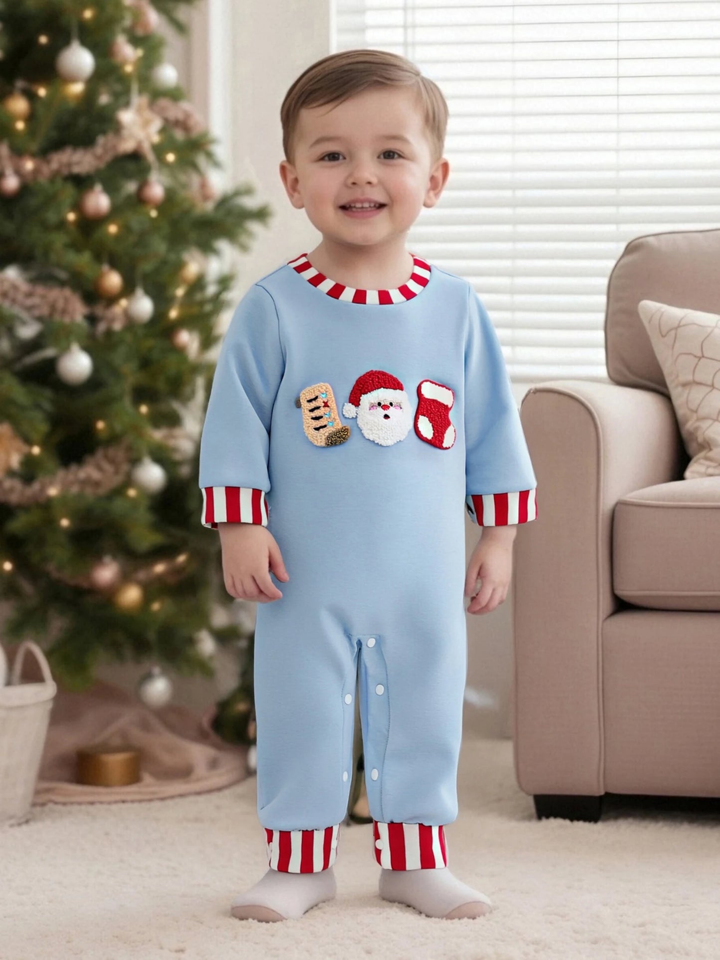 Baby Christmas Romper – Santa Embroidery Striped Long Sleeve Crew Neck Full-Length Jumpsuit