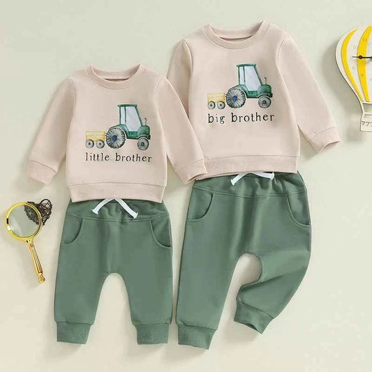 Boys 2PCS Outfit Set – Long Sleeve Letter Tractor Print Top and Solid Pants