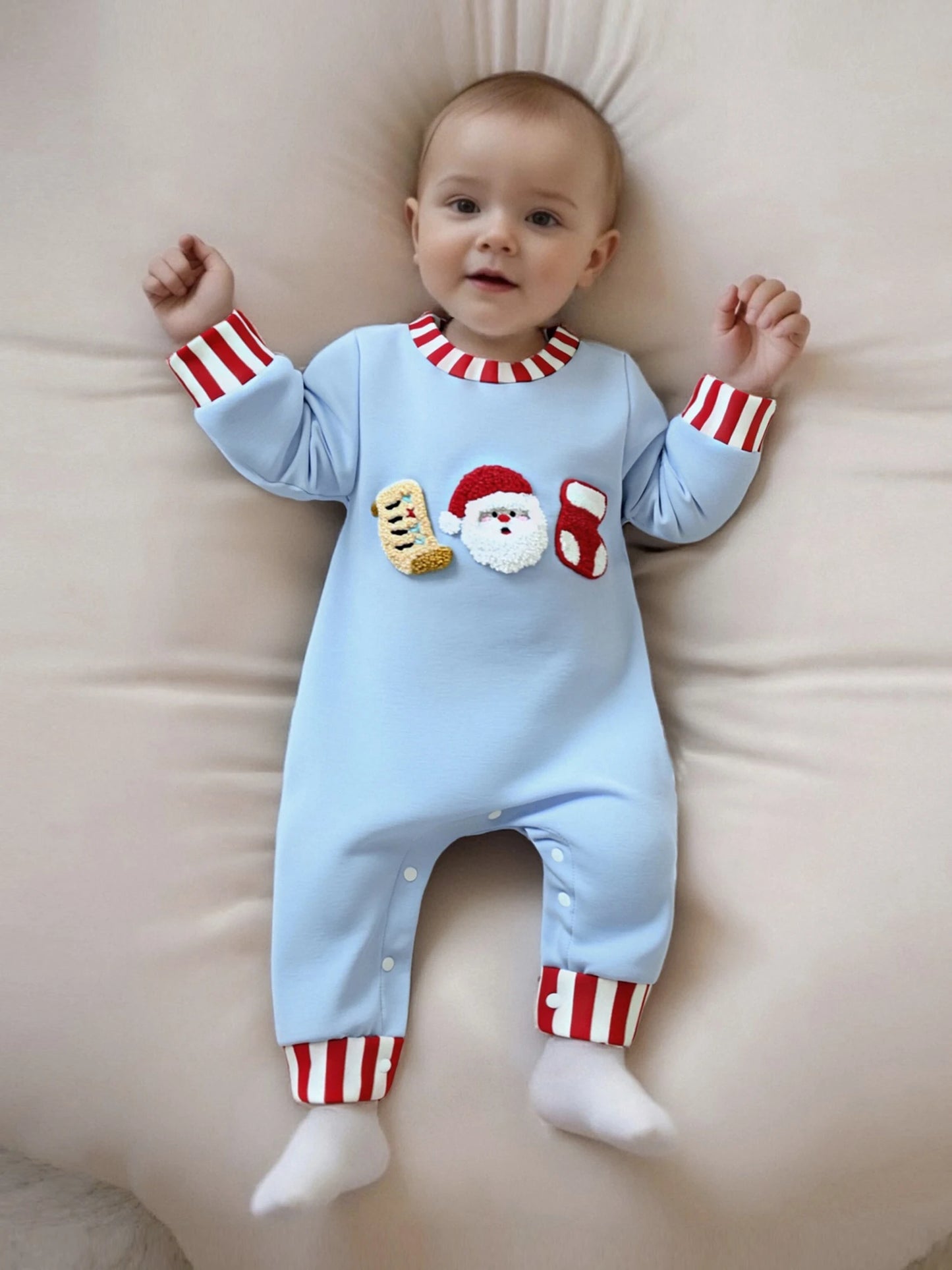 Baby Christmas Romper – Santa Embroidery Striped Long Sleeve Crew Neck Full-Length Jumpsuit