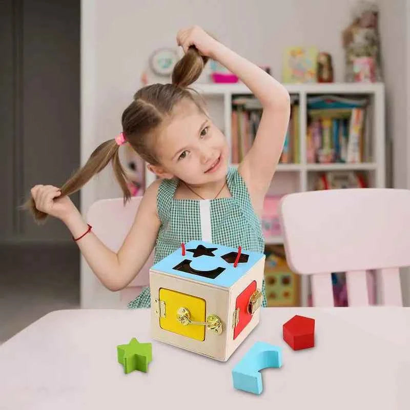 Wooden Geometry Lock Box Toy – Sensory Learning Activity Cube for Toddlers