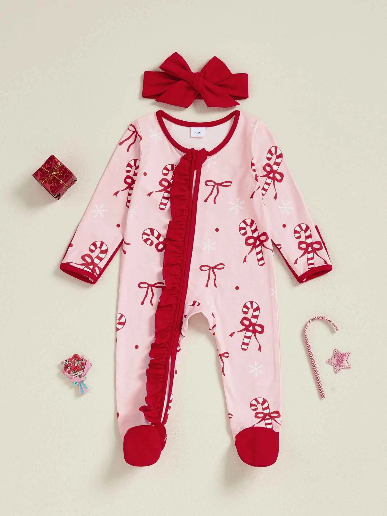 Newborn Baby Girl Christmas Romper – Bow Print Long Sleeve Zip-Up Footed Jumpsuit with Headband
