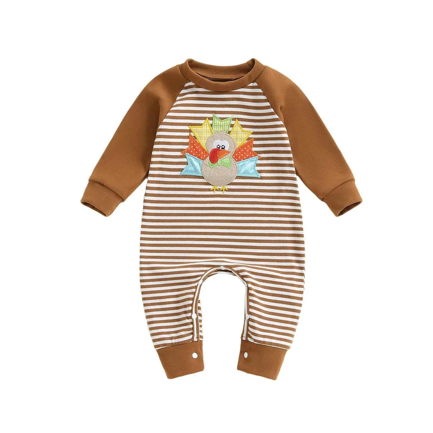Baby Thanksgiving Romper – Long Sleeve Stripe Jumpsuit with Turkey Embroidery