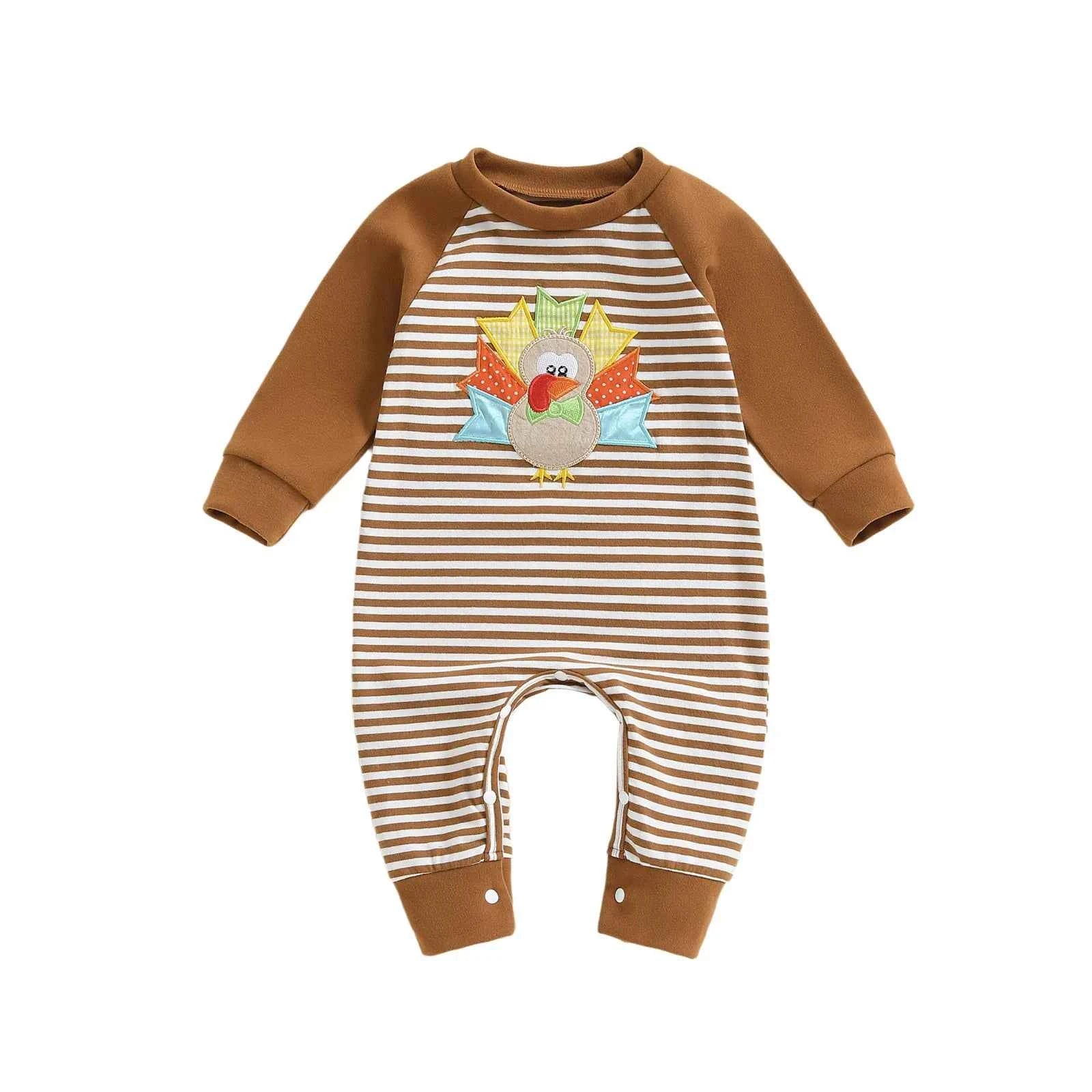 Baby Thanksgiving Romper – Long Sleeve Stripe Jumpsuit with Turkey Embroidery