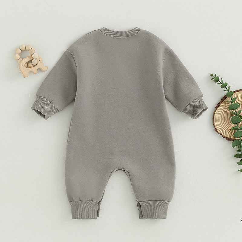 Baby Letter Embroidered "Little Dude" Jumpsuit – Long Sleeve Footless Romper (0–18M)