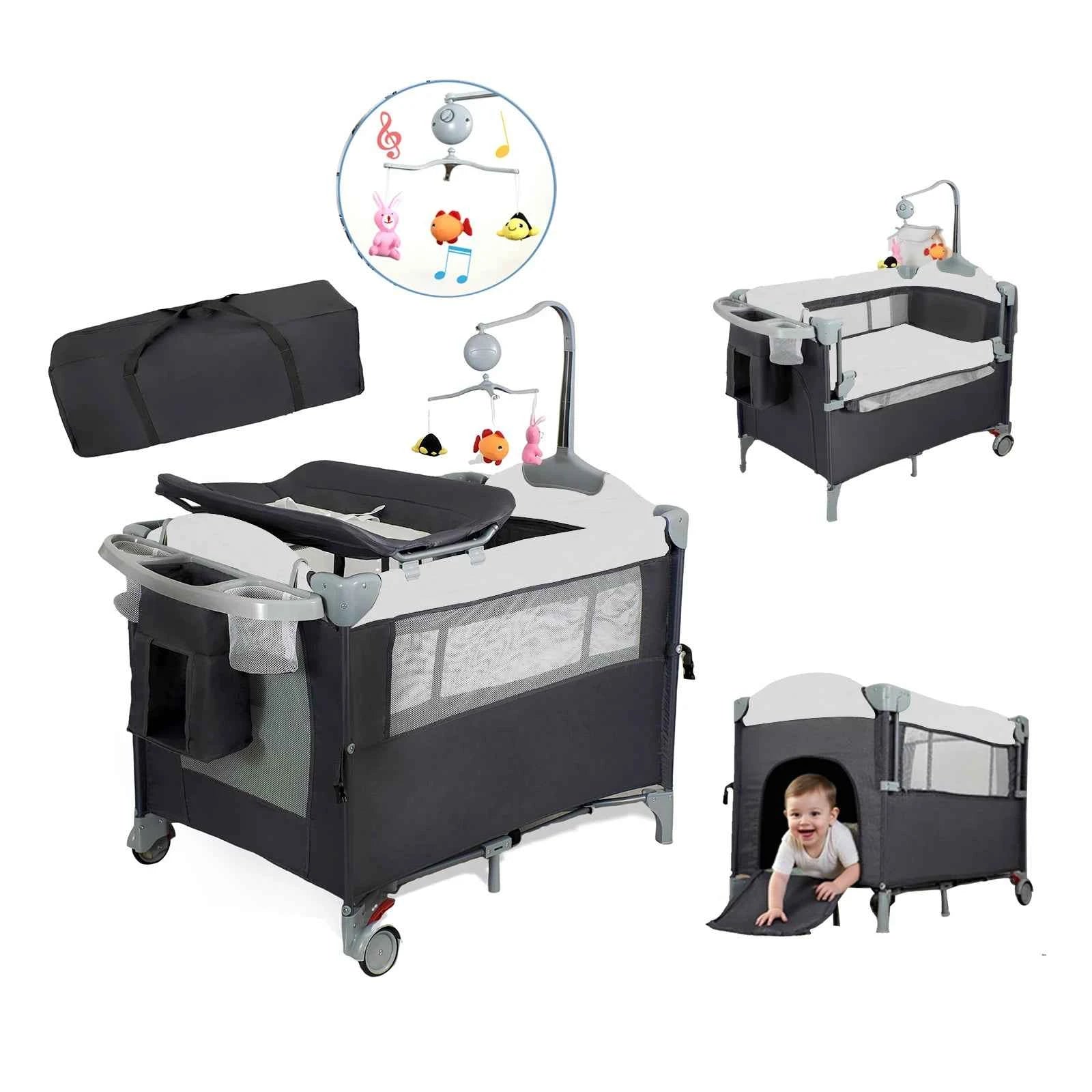 All-in-One Baby Playard Pack n Play with Bassinet & Diaper Changing Station – Portable Folding Travel Crib