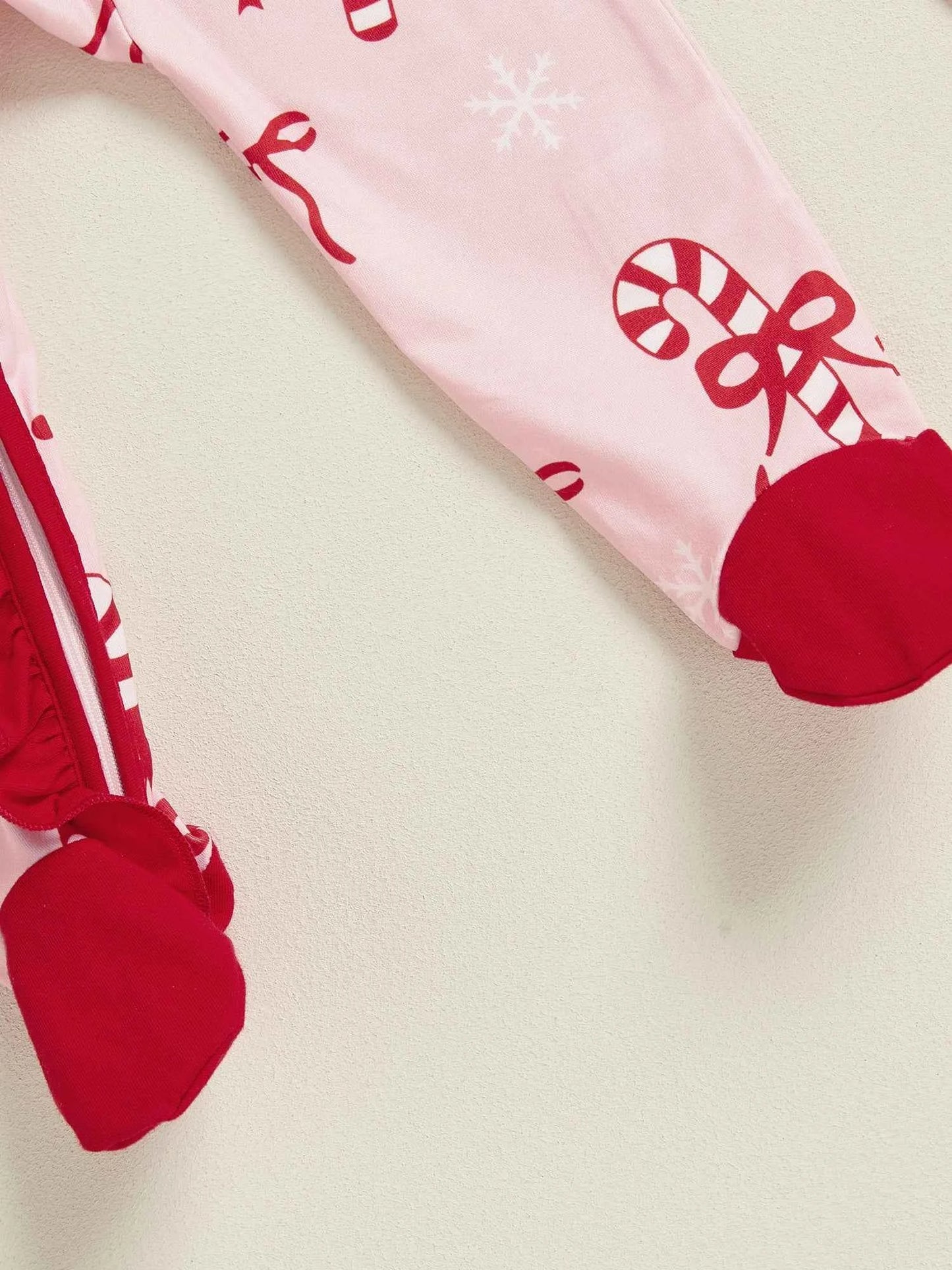 Newborn Baby Girl Christmas Romper – Bow Print Long Sleeve Zip-Up Footed Jumpsuit with Headband