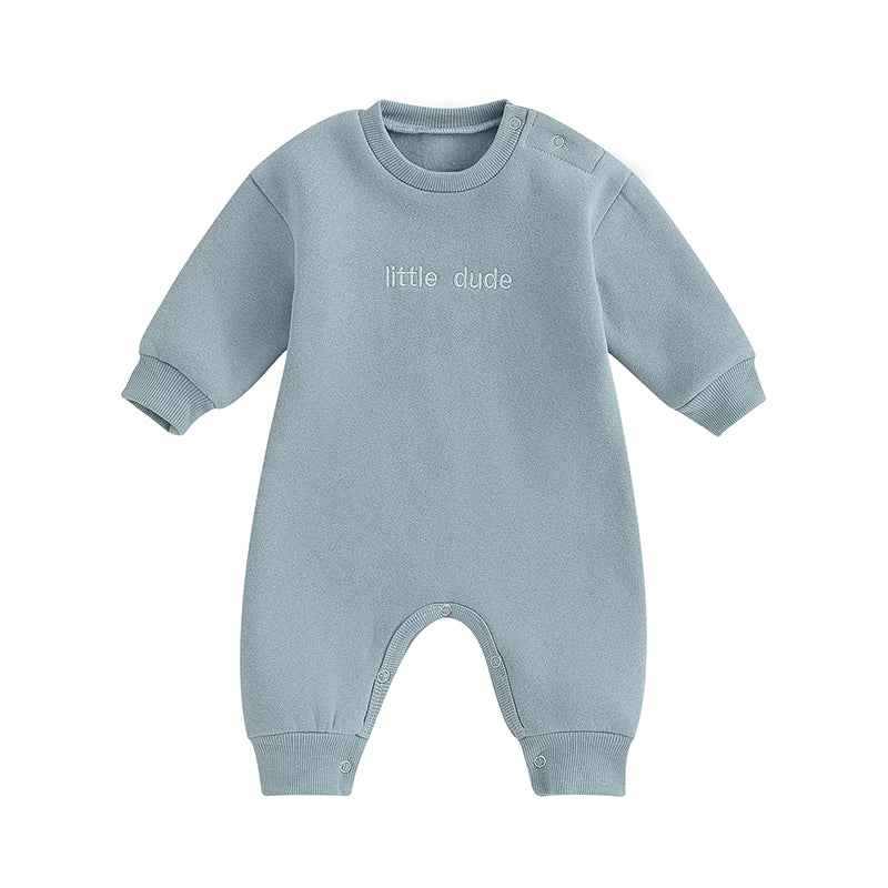 Baby Letter Embroidered "Little Dude" Jumpsuit – Long Sleeve Footless Romper (0–18M)