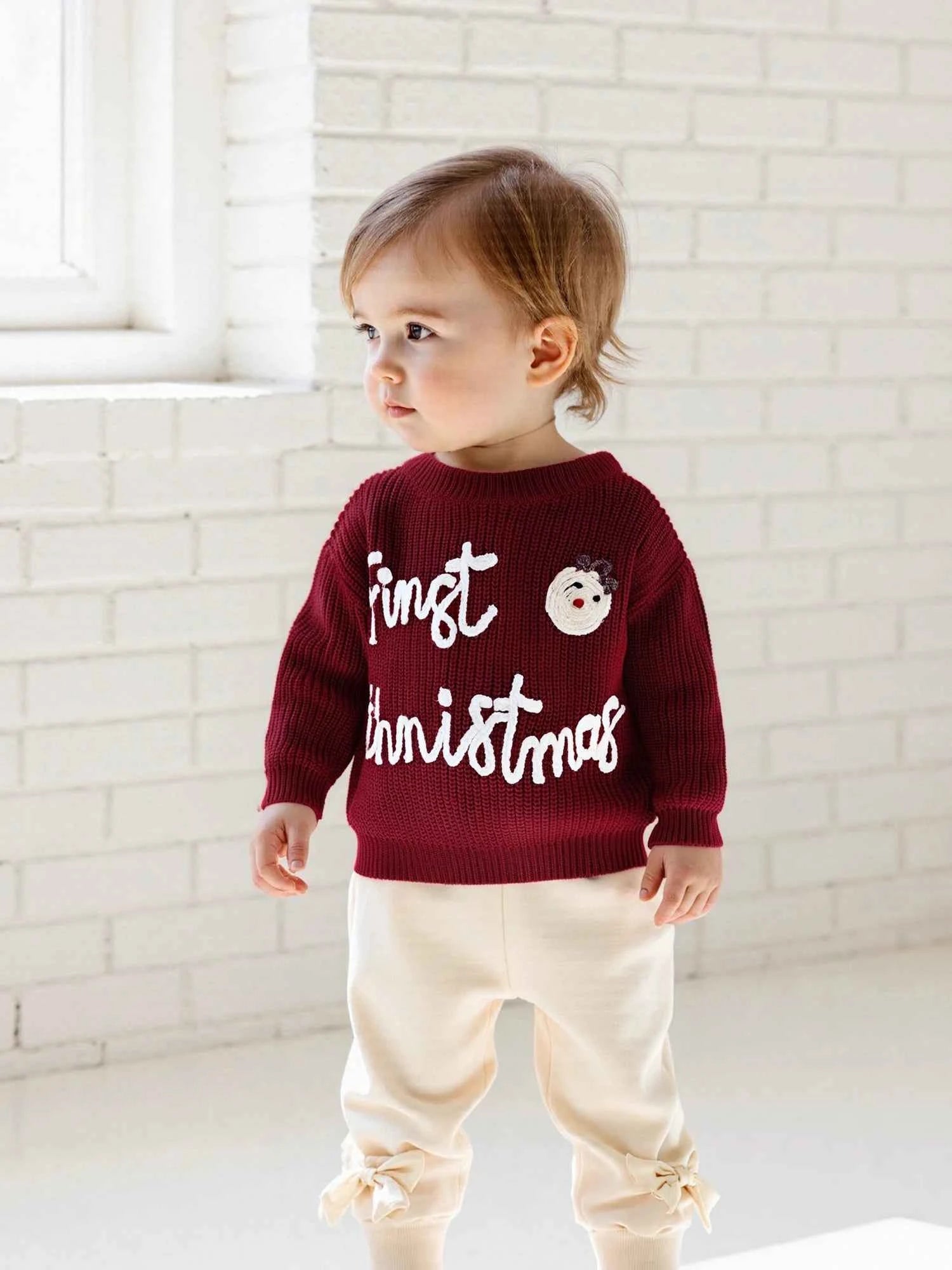 Infant Christmas Sweater – Long Sleeve Crew Neck Elk Letter Knit Pullover for Winter