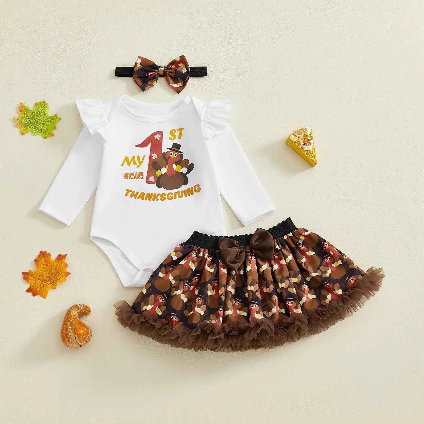 Baby Girl Thanksgiving Outfit 3Pcs Set – Long Sleeve Letter Romper, Turkey Print Skirt & Bow Headband