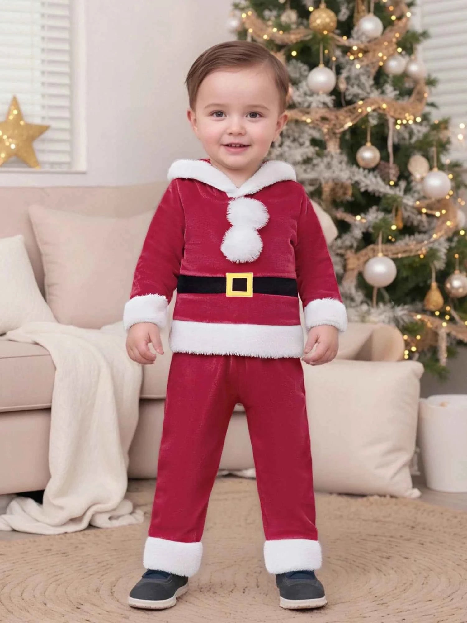 Baby Santa Claus Outfit – Long Sleeve Hooded Sweatshirt with Pants Christmas Costume Set
