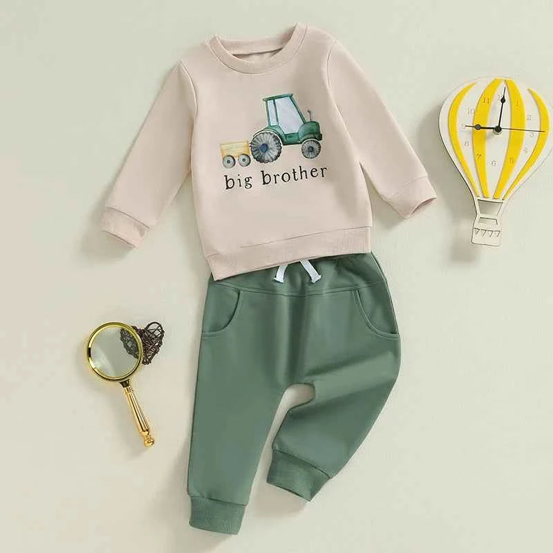 Boys 2PCS Outfit Set – Long Sleeve Letter Tractor Print Top and Solid Pants