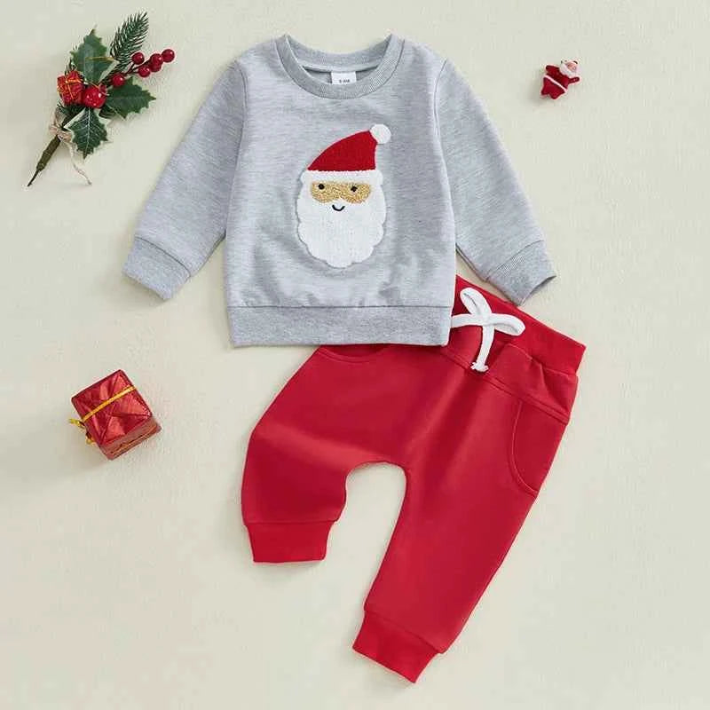 Baby Christmas Outfit Set – Santa Embroidered Long Sleeve Sweatshirt and Pants Set