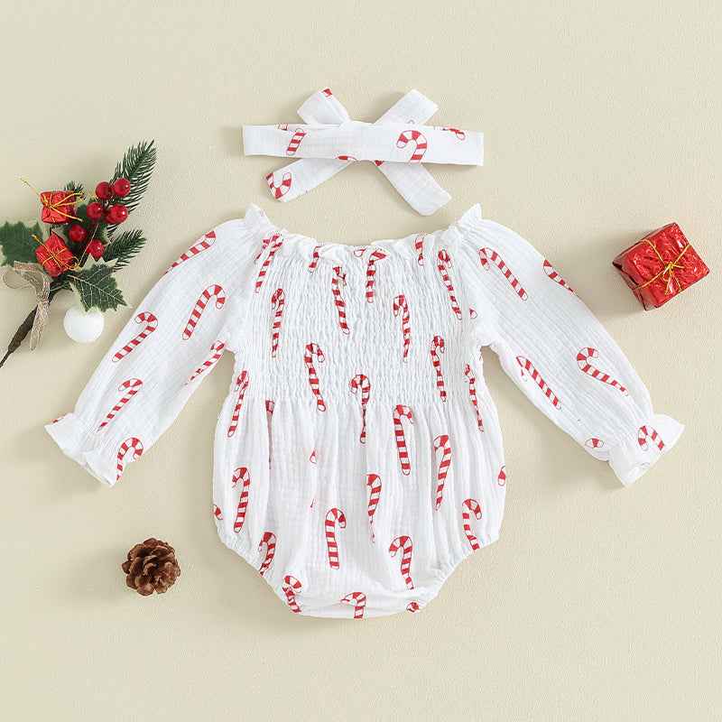 Baby Christmas Romper Set – Smocked Candy Cane Print Long Sleeve Bodysuit with Headband (2Pcs)