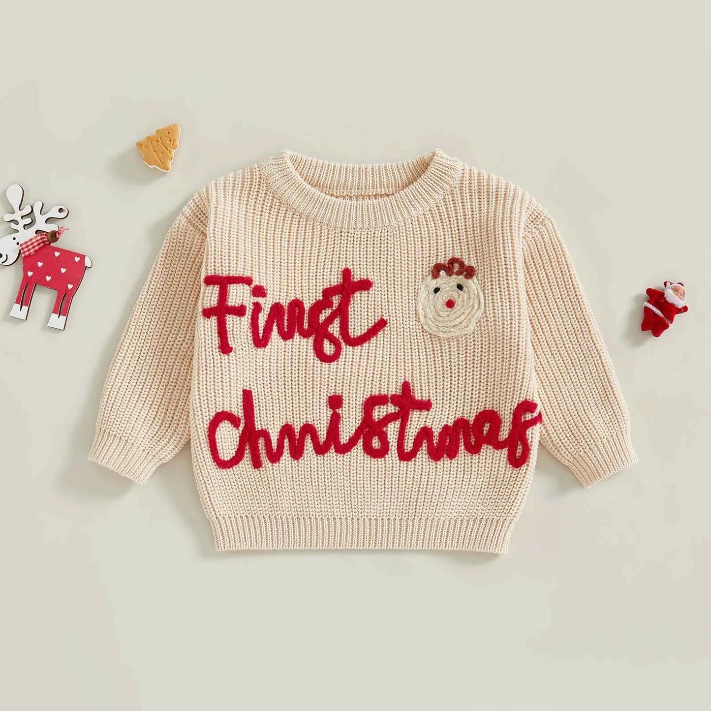 Infant Christmas Sweater – Long Sleeve Crew Neck Elk Letter Knit Pullover for Winter