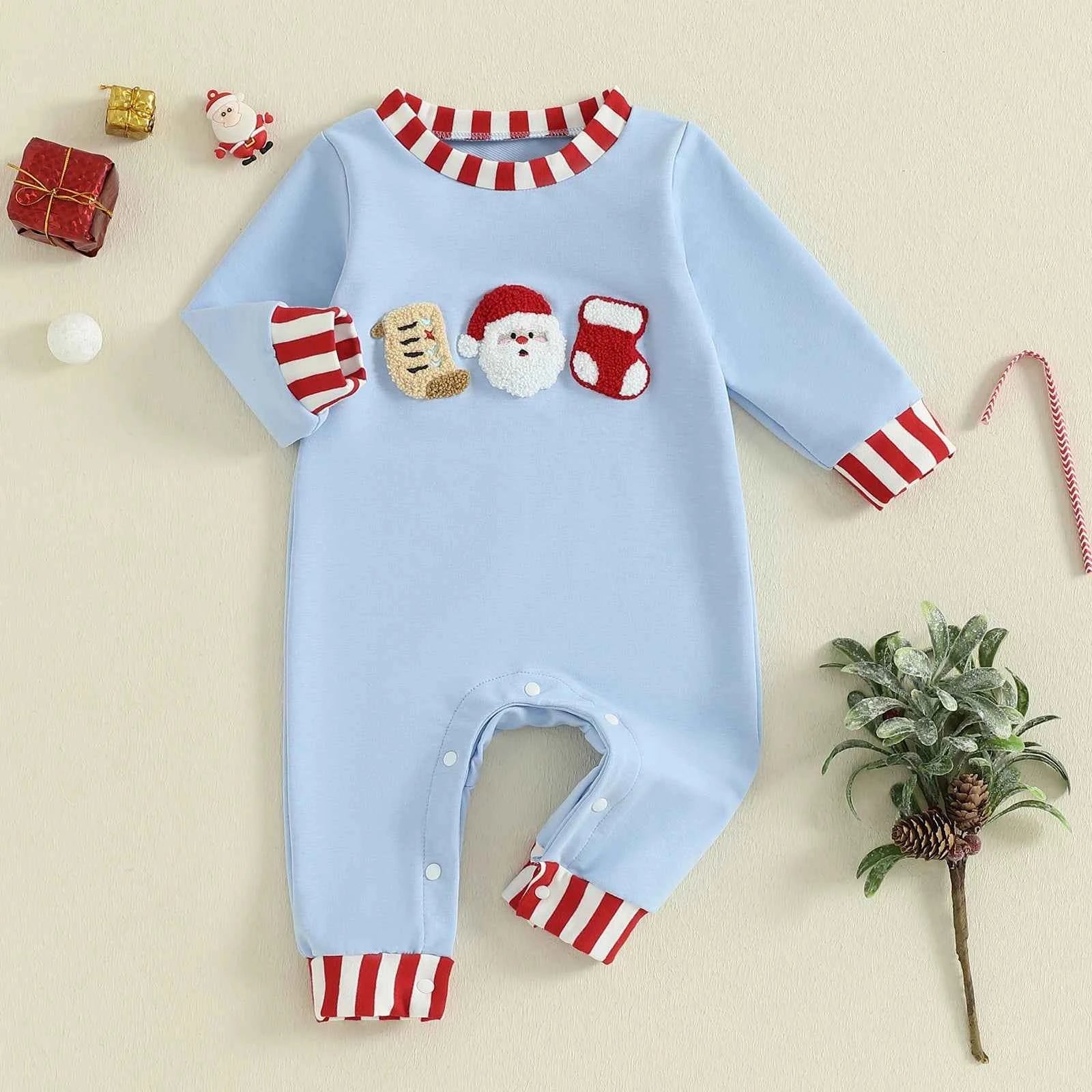 Baby Christmas Romper – Santa Embroidery Striped Long Sleeve Crew Neck Full-Length Jumpsuit