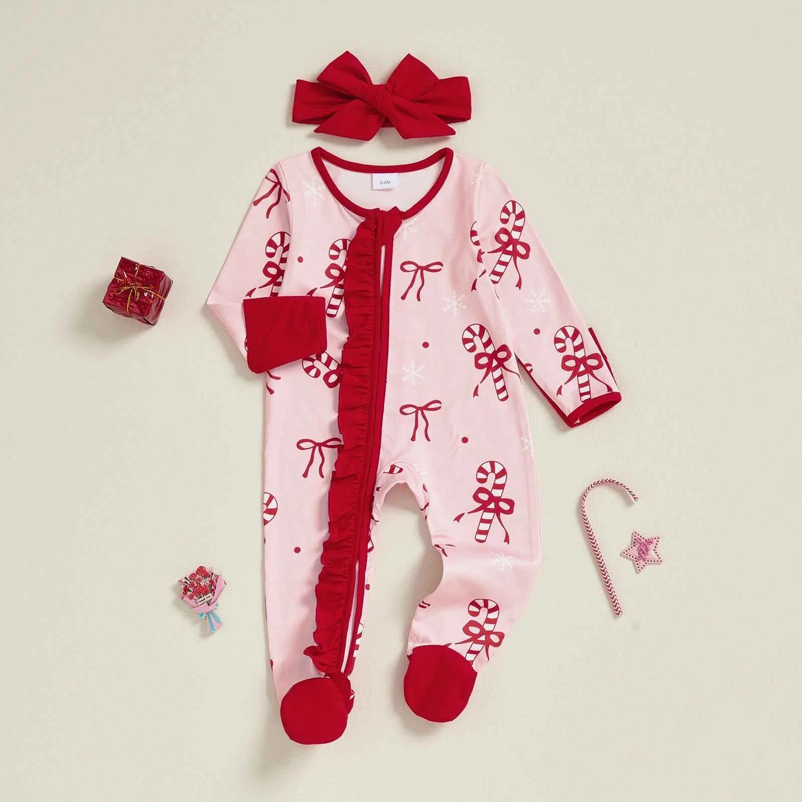 Newborn Baby Girl Christmas Romper – Bow Print Long Sleeve Zip-Up Footed Jumpsuit with Headband