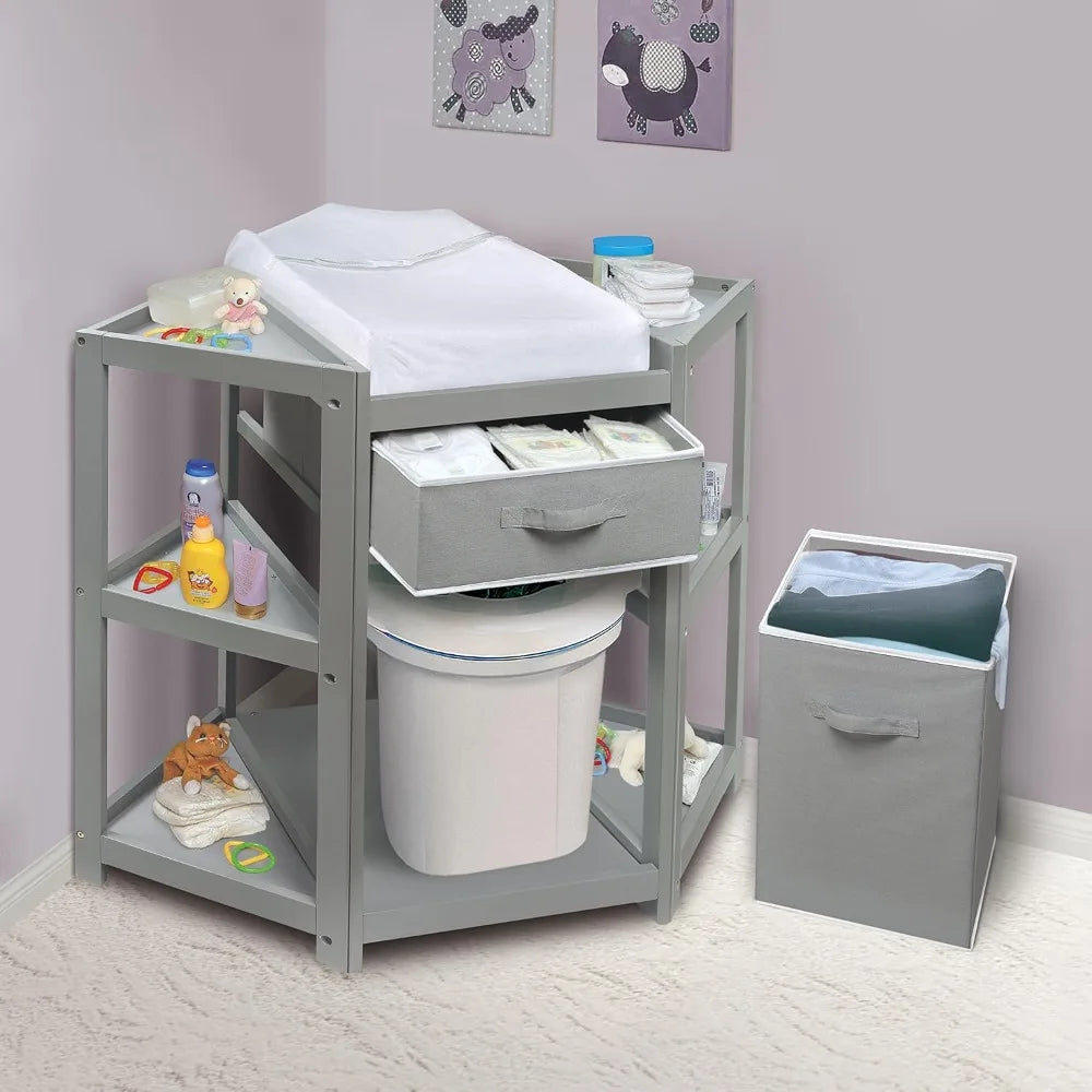 Corner Baby Changing Table – Space-Saving Nursery Diaper Station with Storage Bin, Changing Pad & Safety Belt
