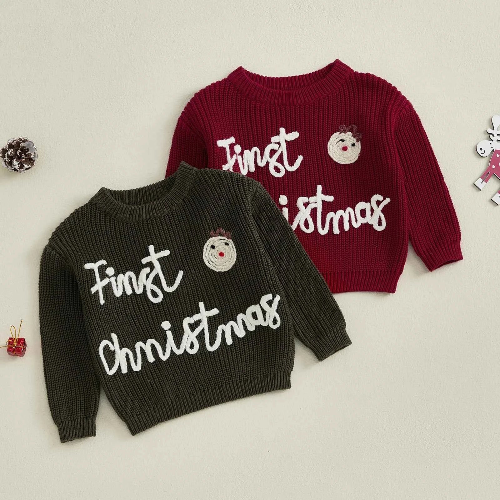 Infant Christmas Sweater – Long Sleeve Crew Neck Elk Letter Knit Pullover for Winter