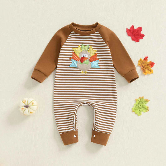 Baby Thanksgiving Romper – Long Sleeve Stripe Jumpsuit with Turkey Embroidery