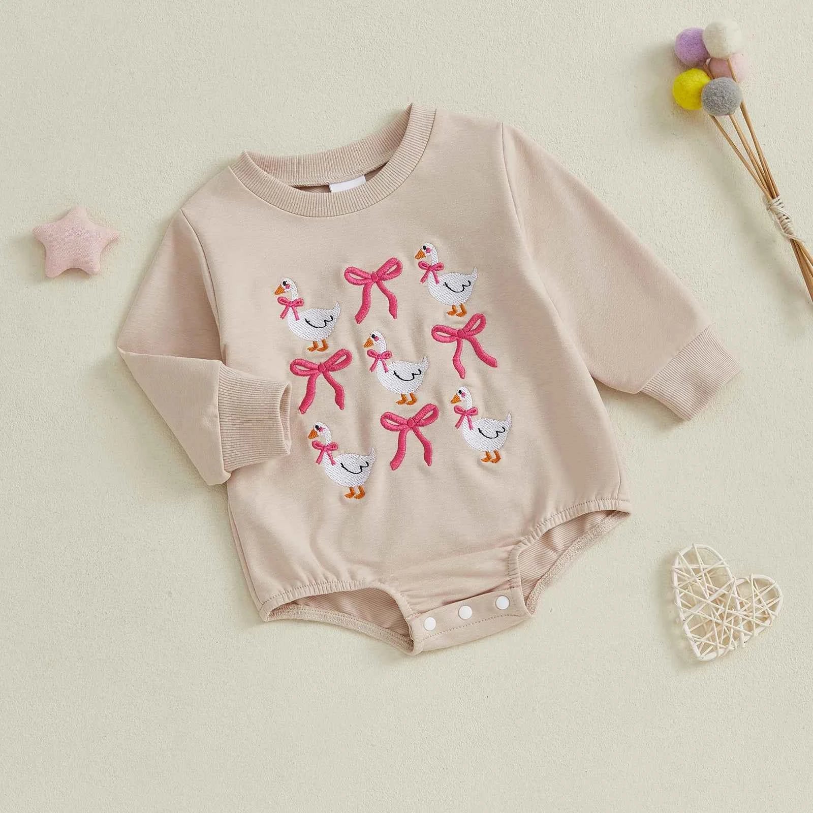 Girl Goose and Bow Embroidered Romper – Long Sleeve Crewneck Sweatshirt Bodysuit