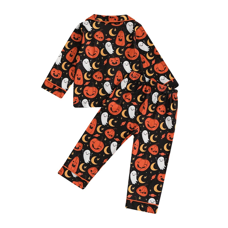 Kids Halloween Pajama Set – Pumpkin Ghost Print Button-Up Top and Pants (1–5T)