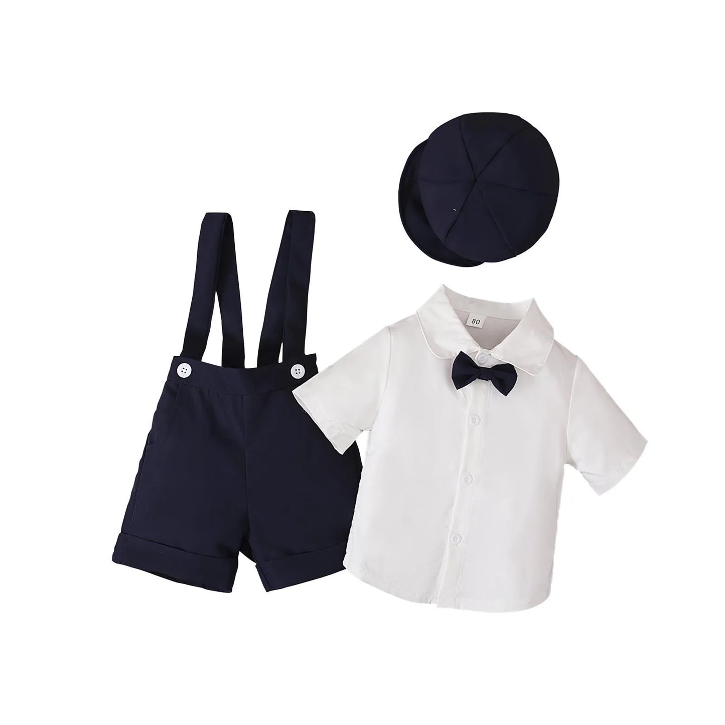 Boys Summer Gentleman Outfit – 4-Piece Set with Bow Tie Shirt, Suspenders Shorts & Hat