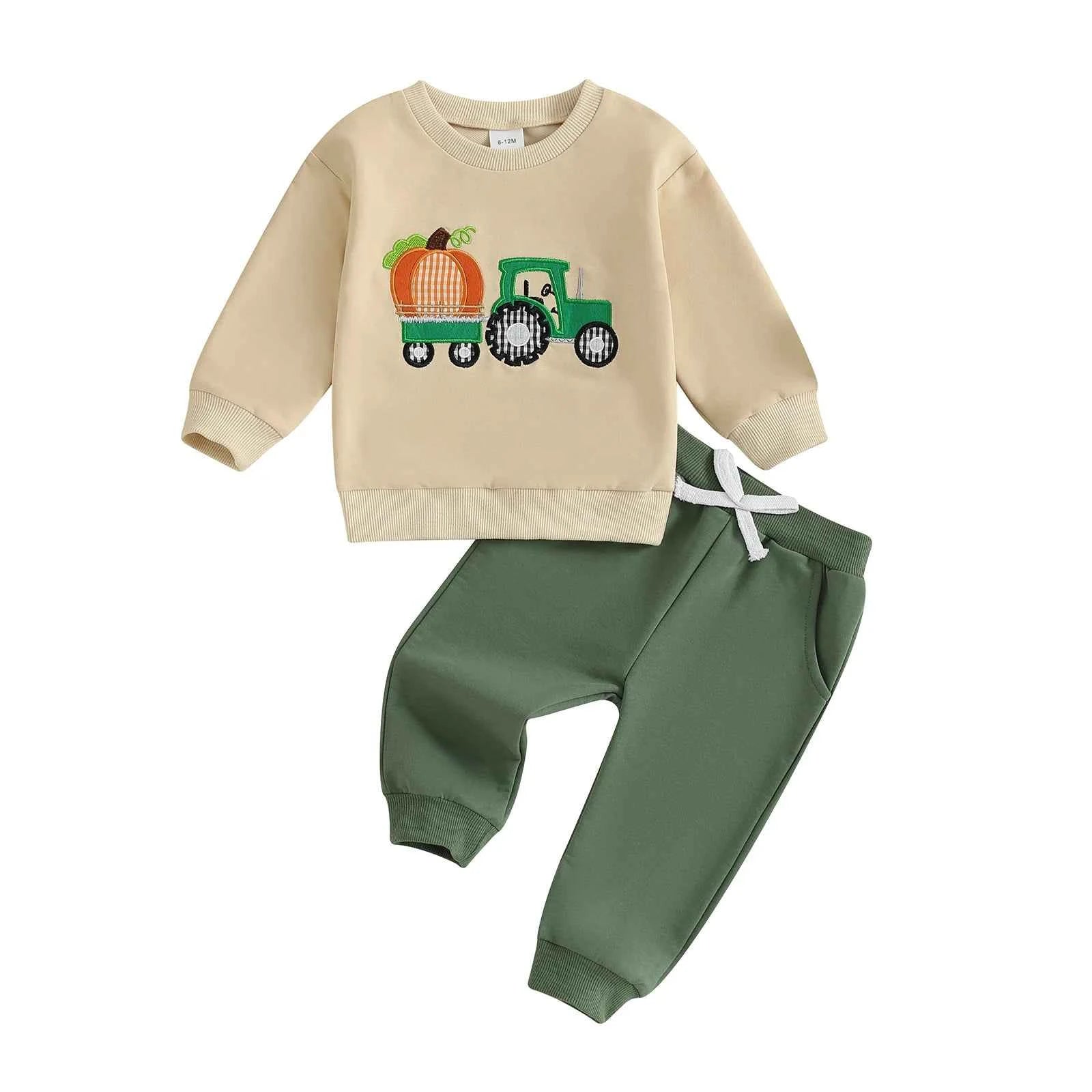 Pumpkin Turkey Tractor Embroidery Sweatshirt & Elastic Waist Pants Set