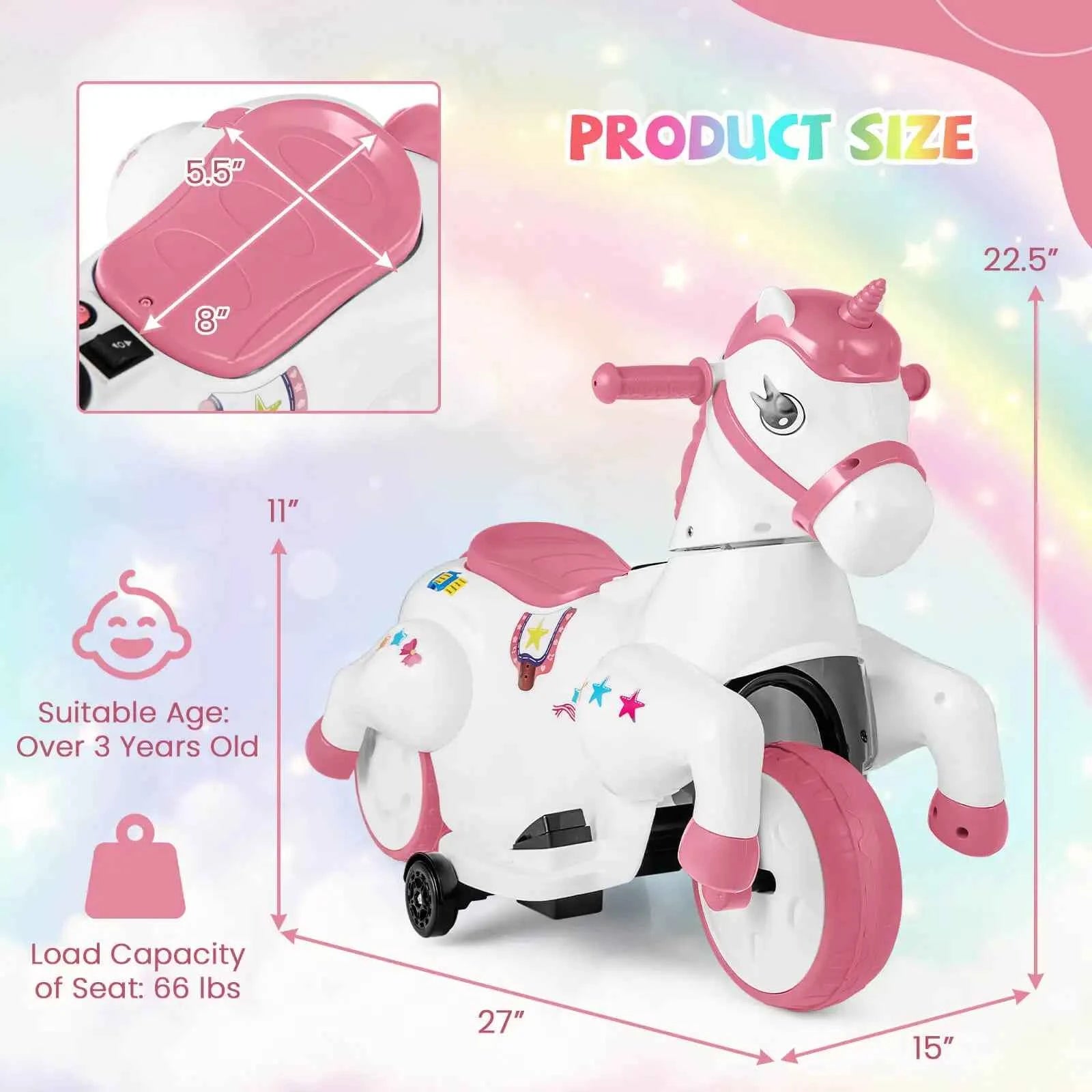 12V Kids Ride-On Unicorn Toy with Training Wheels, Music, and One-Button Start
