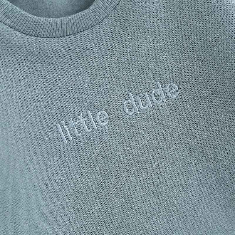 Baby Letter Embroidered "Little Dude" Jumpsuit – Long Sleeve Footless Romper (0–18M)