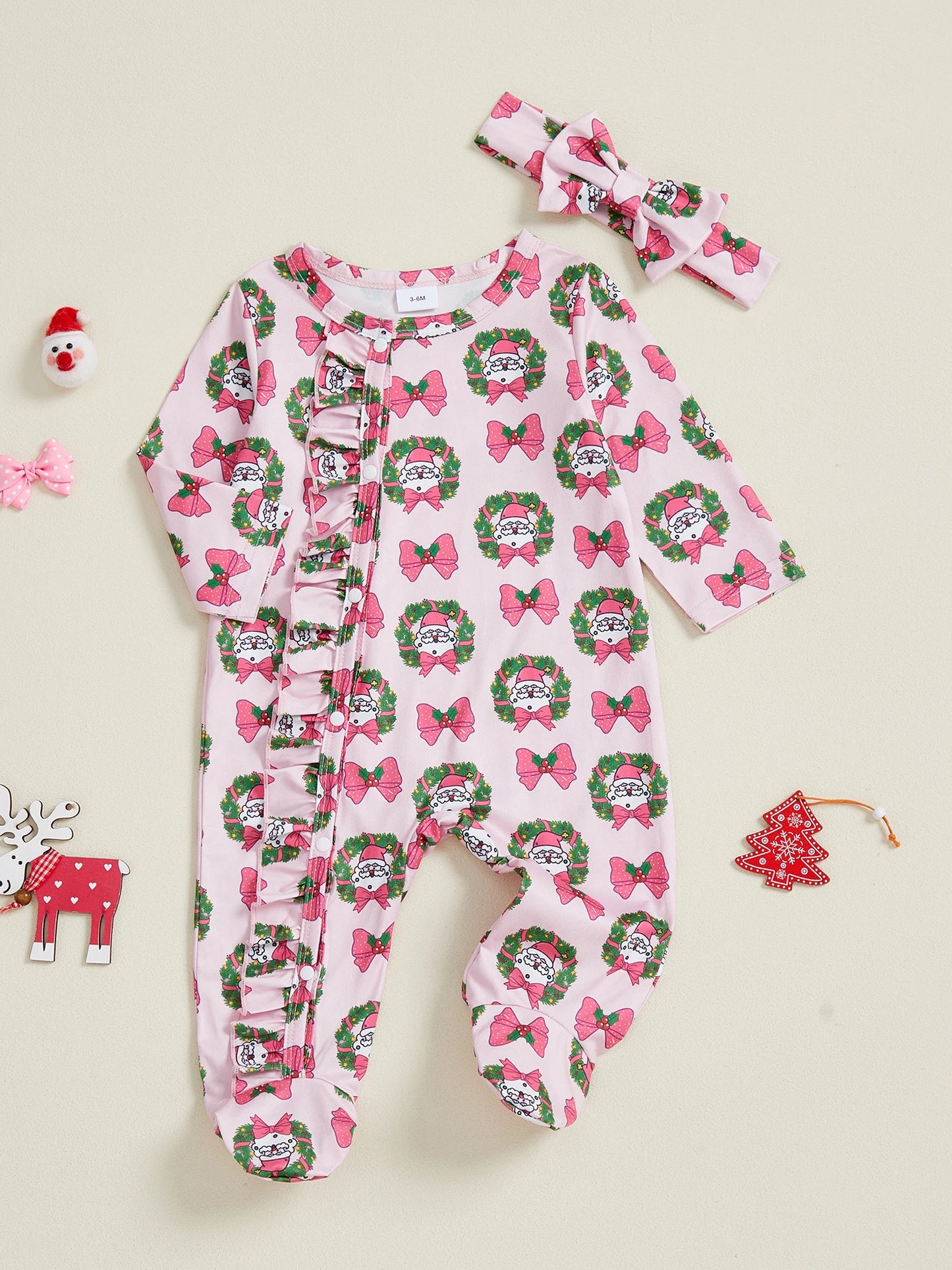 Christmas Outfit – Santa Claus Bow Print Long Sleeve Footed Romper with Matching Headband Set