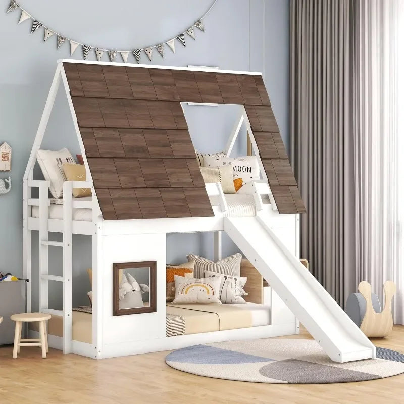 Twin Over Twin House Bunk Bed with Roof, Window, Ladder & Slide