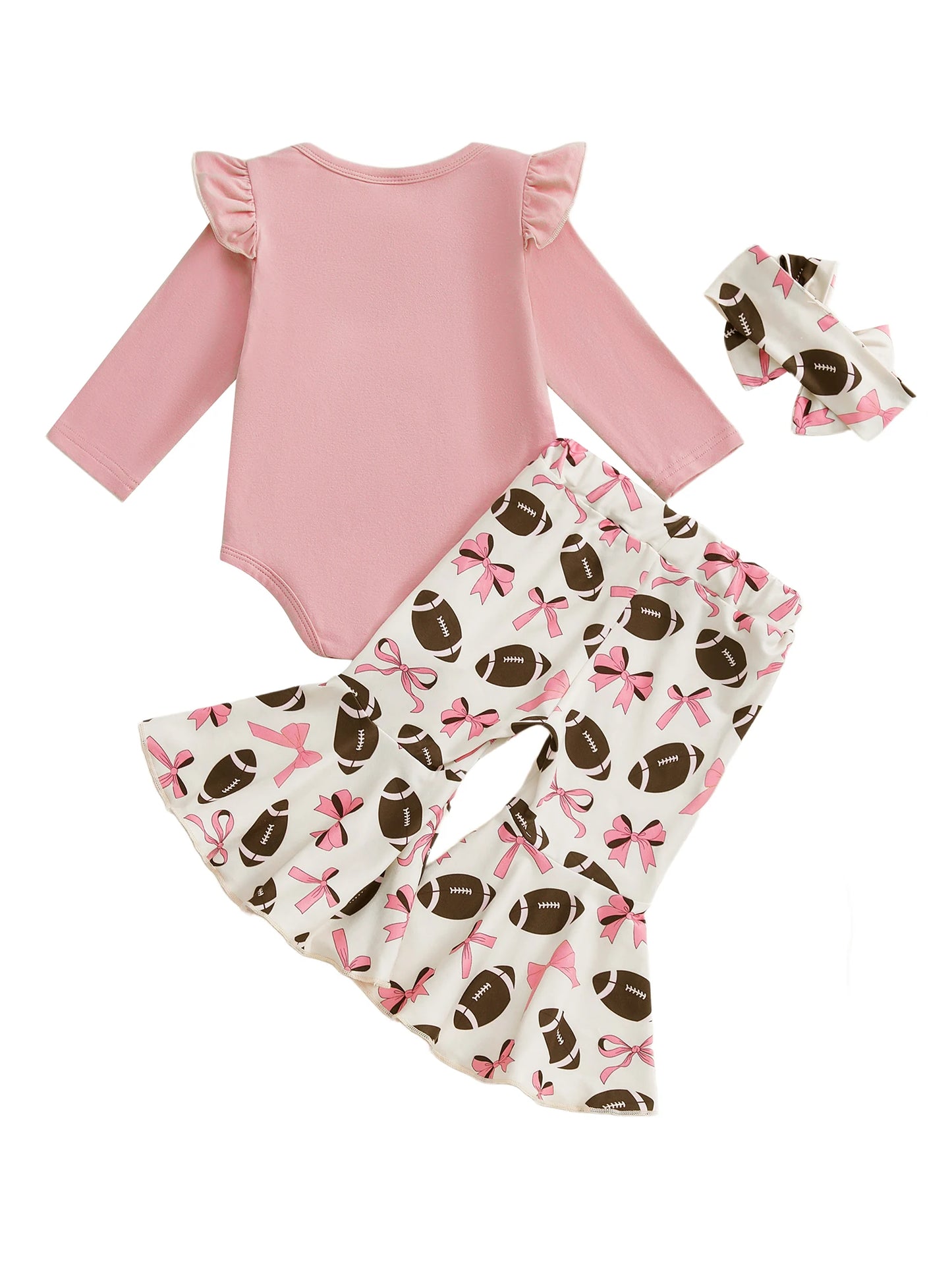 Baby Girls Fall Outfit – Football Print Long Sleeve Romper with Flared Pants and Headband 3-Piece Set
