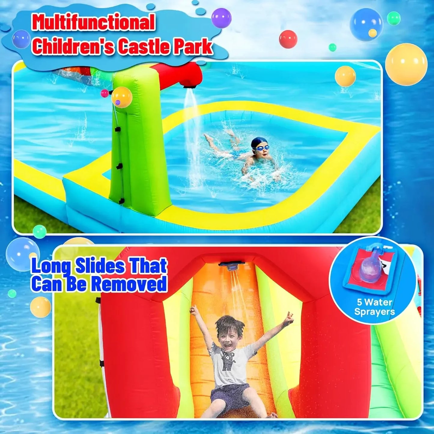 Inflatable Bounce House Water Park with Slide, Pool, Water Guns & Balls for Outdoor Fun