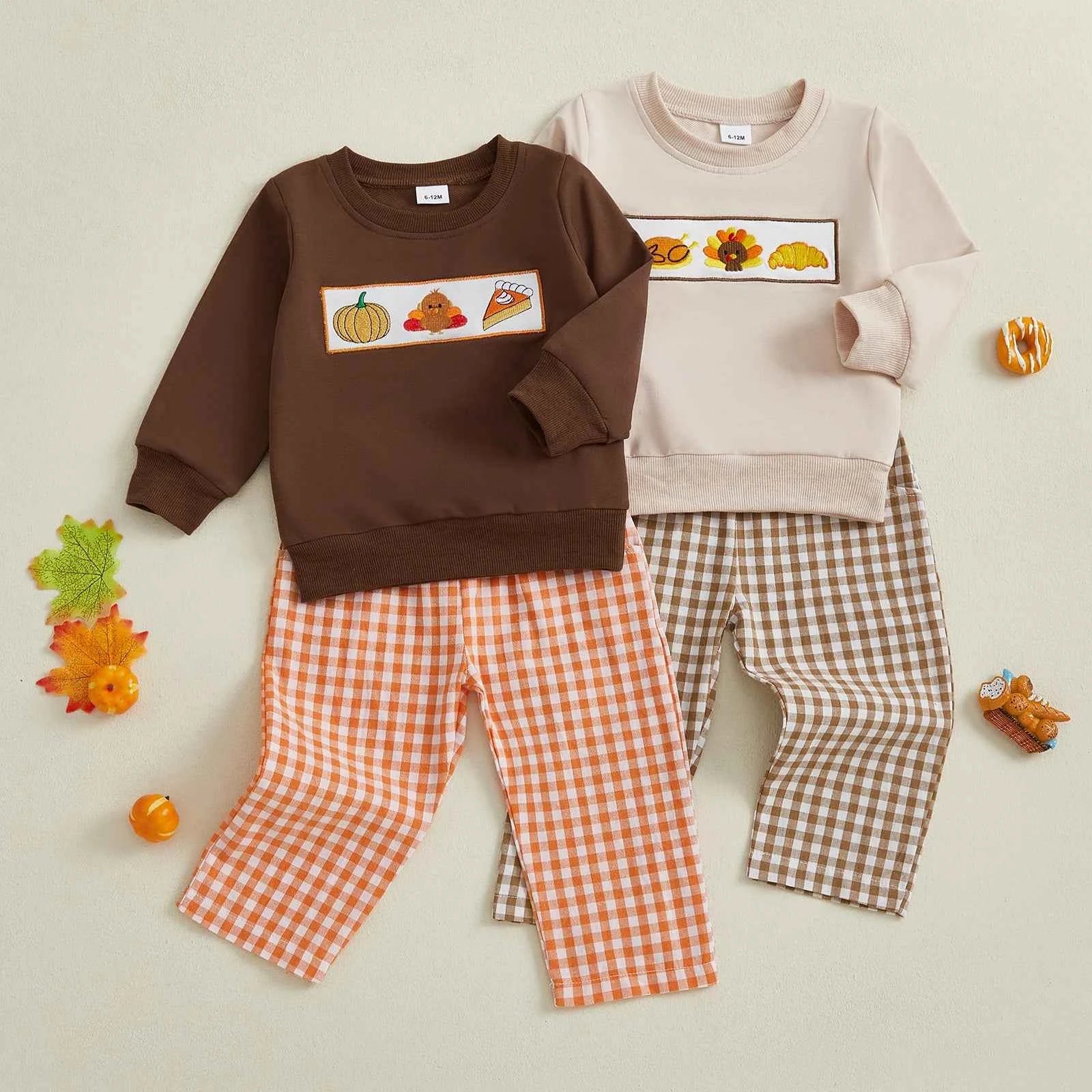 Thanksgiving Outfit – Pumpkin Turkey Sweatshirt & Plaid Elastic Waist Pants Set
