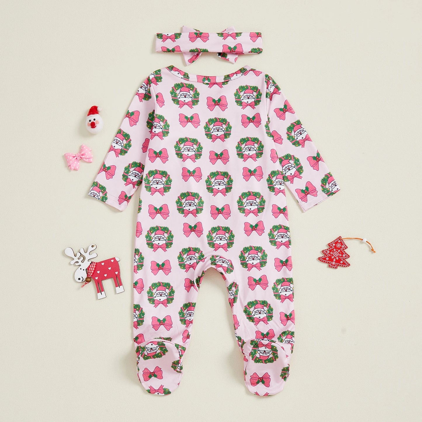 Christmas Outfit – Santa Claus Bow Print Long Sleeve Footed Romper with Matching Headband Set
