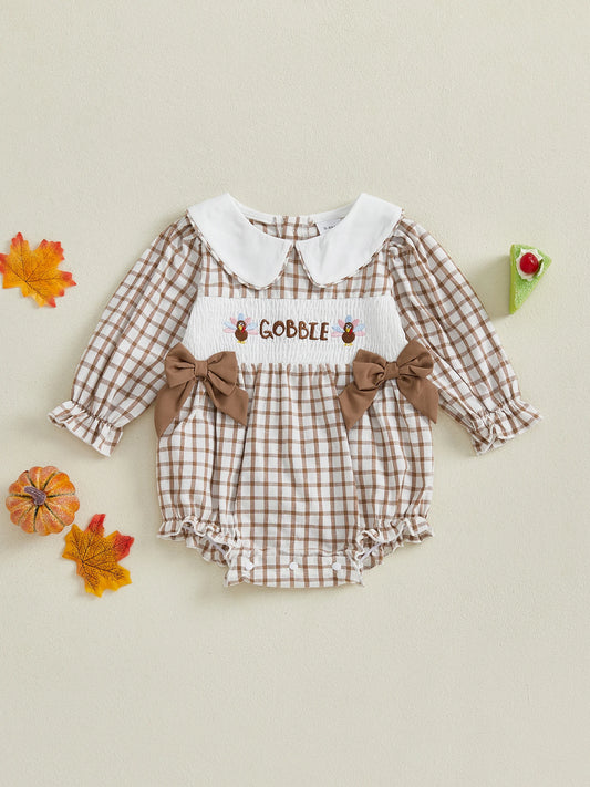 Thanksgiving Baby Girl Romper – Long Sleeve Doll Collar with Turkey Embroidery and Plaid Design