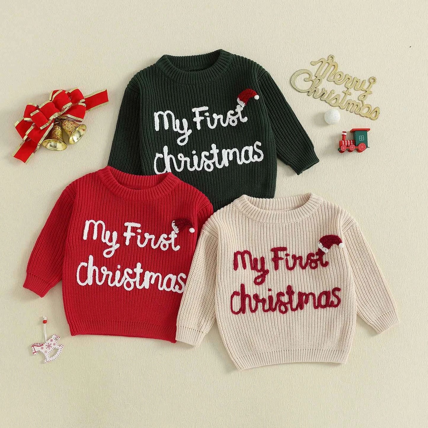 Baby Christmas Knit Sweater – Letter Embroidery Long Sleeve Pullover Top