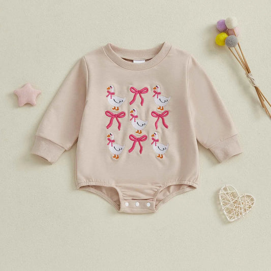 Girl Goose and Bow Embroidered Romper – Long Sleeve Crewneck Sweatshirt Bodysuit