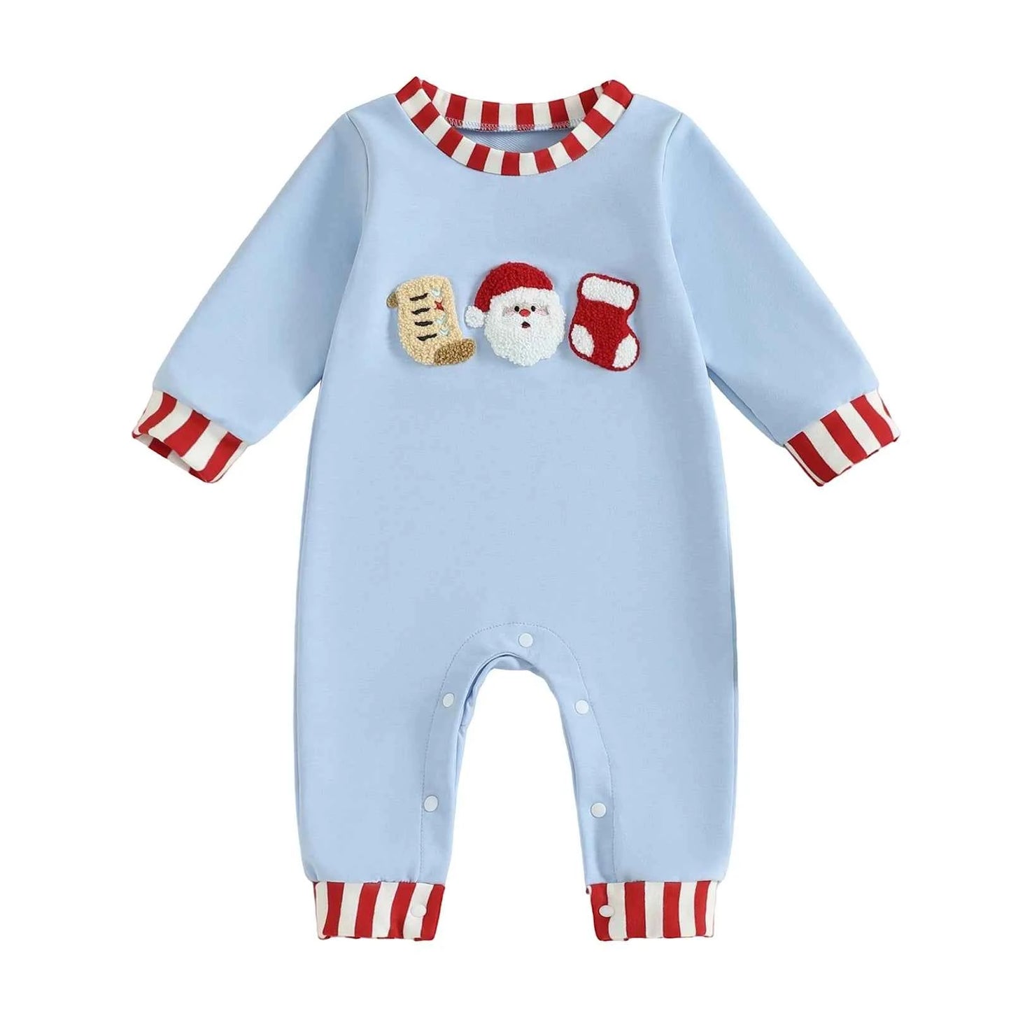 Baby Christmas Romper – Santa Embroidery Striped Long Sleeve Crew Neck Full-Length Jumpsuit
