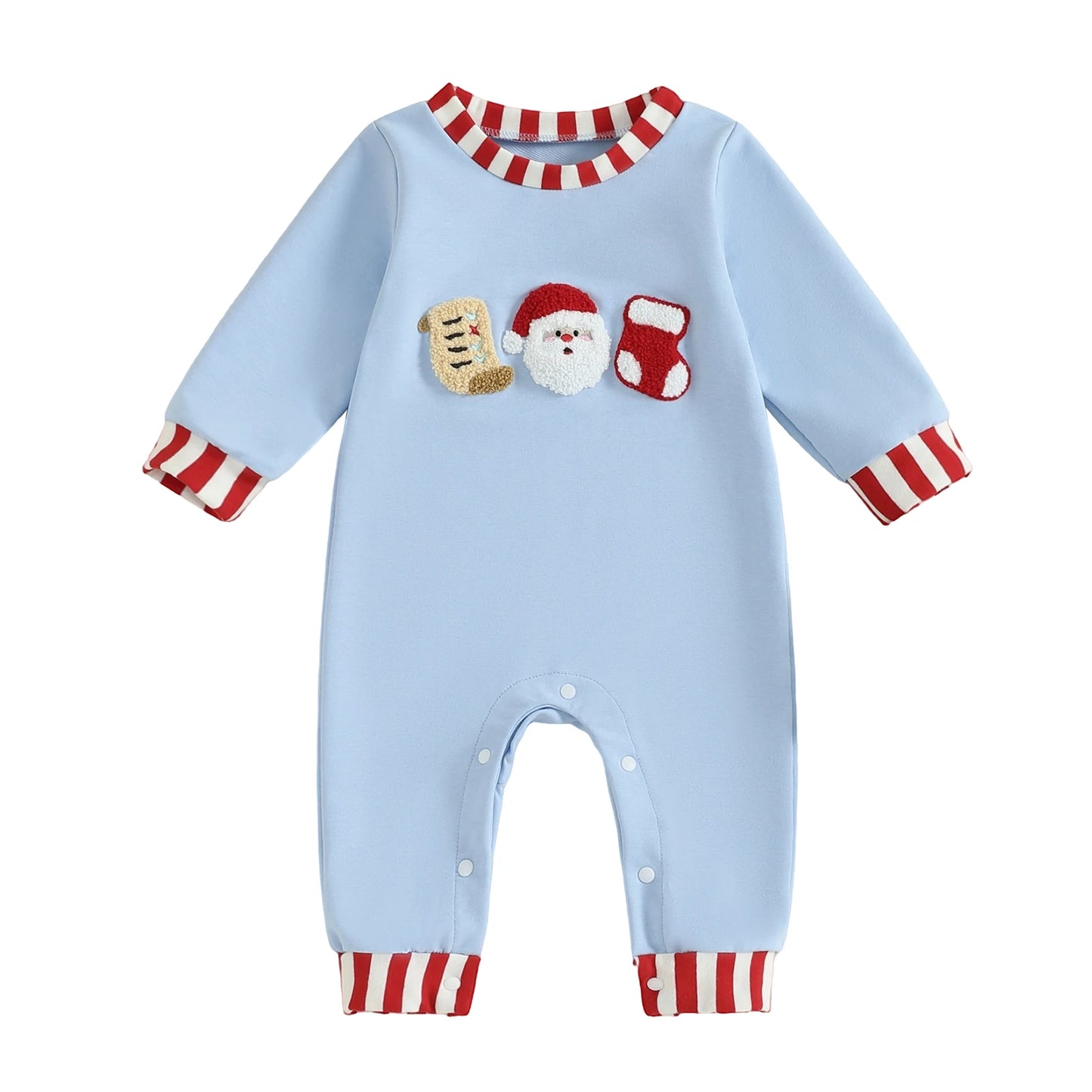 Baby Christmas Romper – Santa Embroidery Striped Long Sleeve Crew Neck Full-Length Jumpsuit