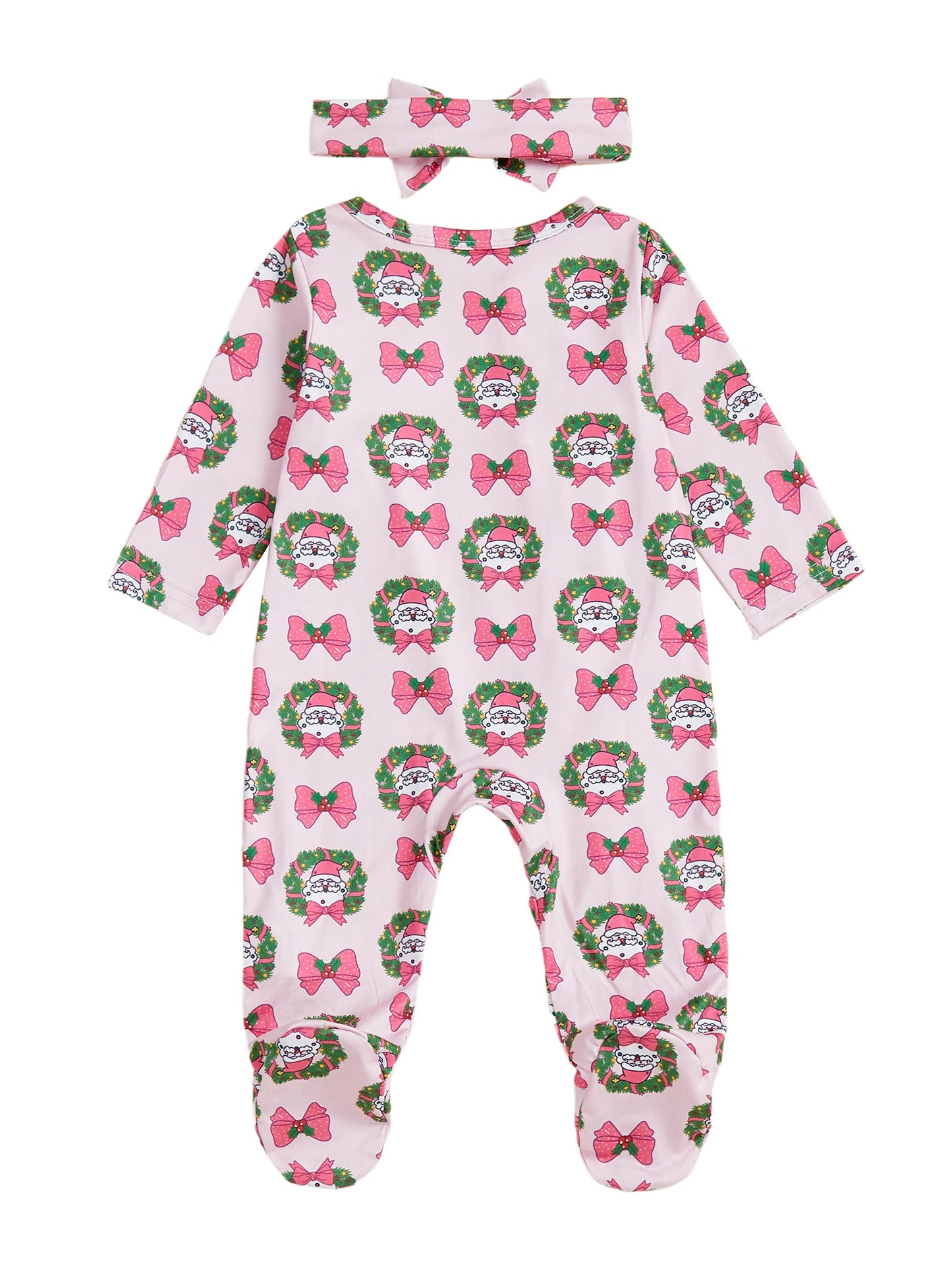 Christmas Outfit – Santa Claus Bow Print Long Sleeve Footed Romper with Matching Headband Set