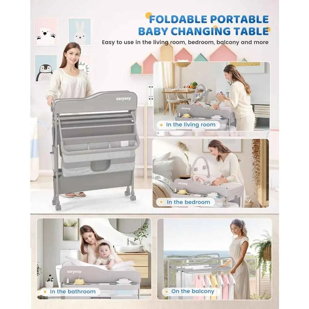 Foldable Baby Changing Table with 2 Drawers – Adjustable Height Waterproof Diaper Changing Station