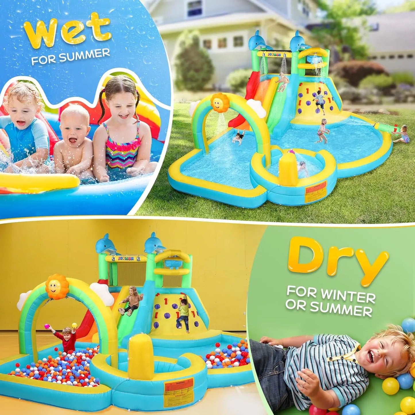 Inflatable 10-in-1 Water Slide Bounce House with Pool, Climbing Wall, Water Bucket & Rainbow Sprinklers – Quick 1-Minute Setup