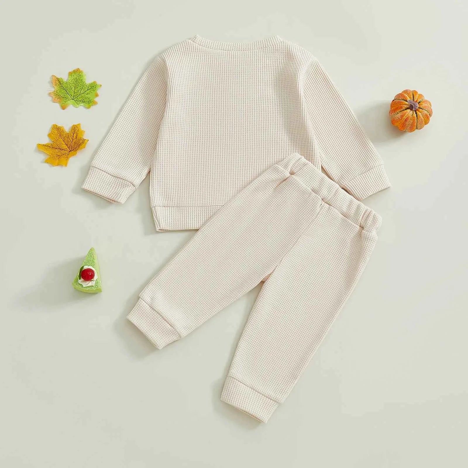 Thanksgiving Outfit – Turkey Letter Embroidery Pullover & Elastic Waist Waffle Pants  (2Pcs Set )
