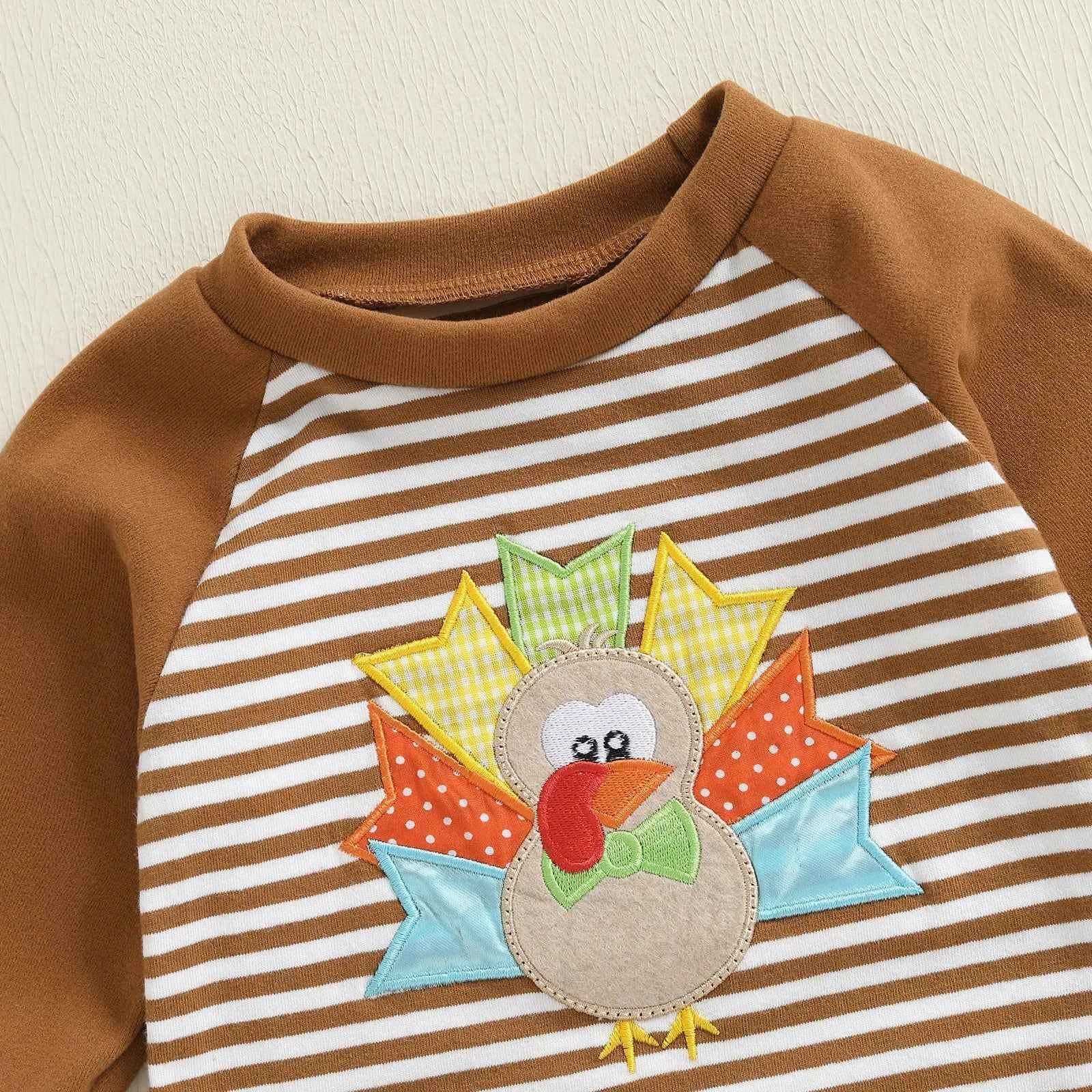 Baby Thanksgiving Romper – Long Sleeve Stripe Jumpsuit with Turkey Embroidery