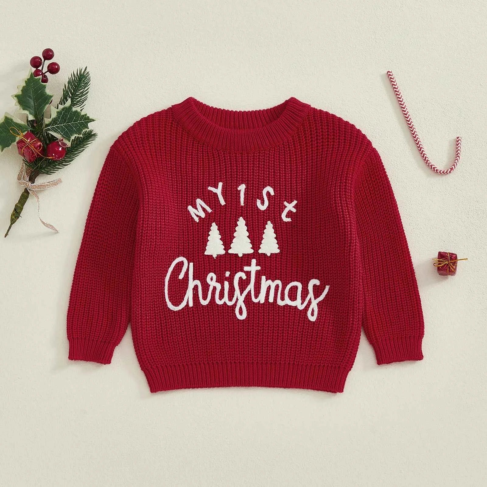 Toddler Baby Christmas Sweater – Long Sleeve Round Neck Letter & Tree Embroidered Top