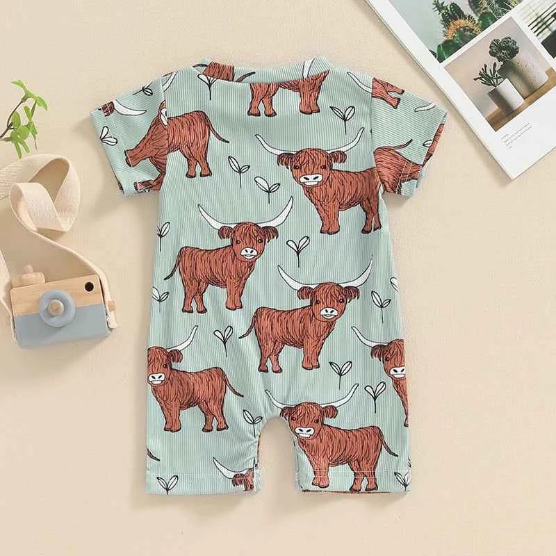 0–18M Baby Boys and Girls Western Jumpsuit, Short Sleeve Crew Neck Cow Print Summer Romper Casual Baby Outfit
