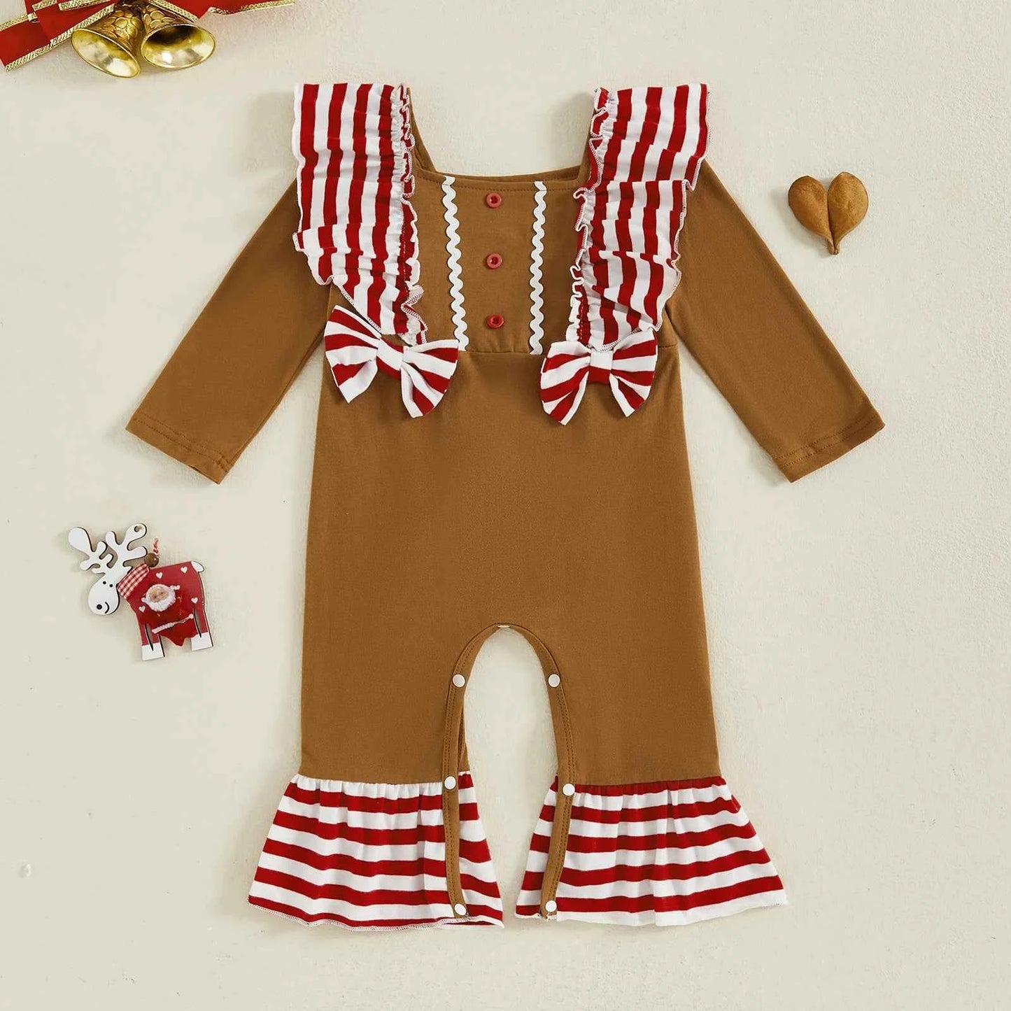 Baby Gingerbread Outfit – Striped Ruffled Long Sleeve Christmas Romper with Flared Pants for Girls