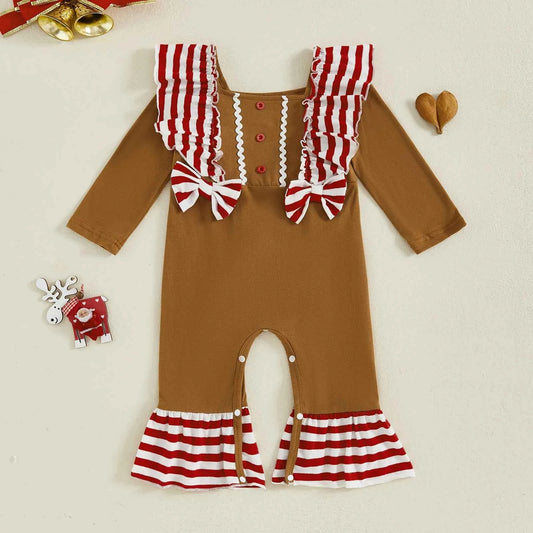 Baby Gingerbread Outfit – Striped Ruffled Long Sleeve Christmas Romper with Flared Pants for Girls